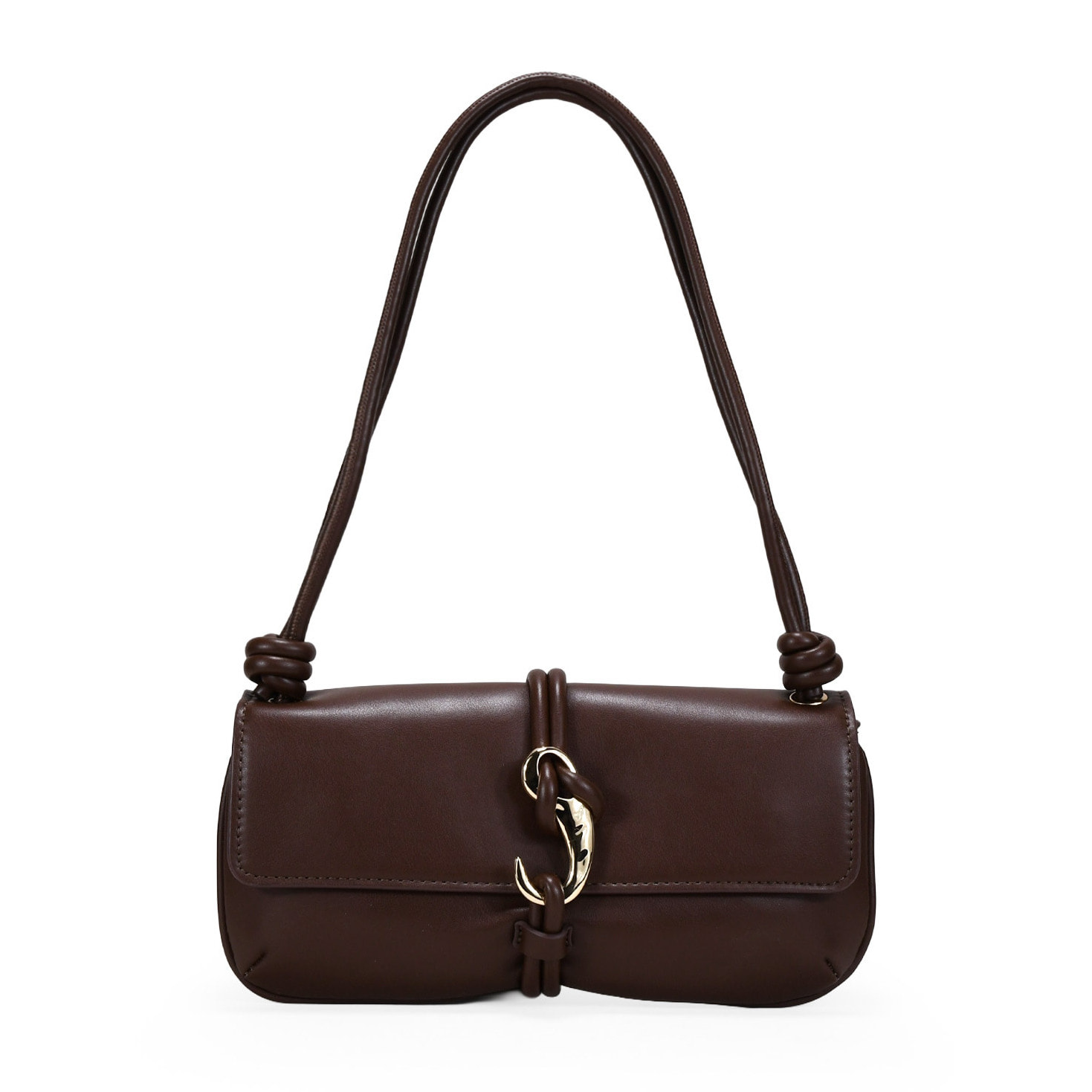 Bolso de hombro marrón con solapa y gancho metálico
