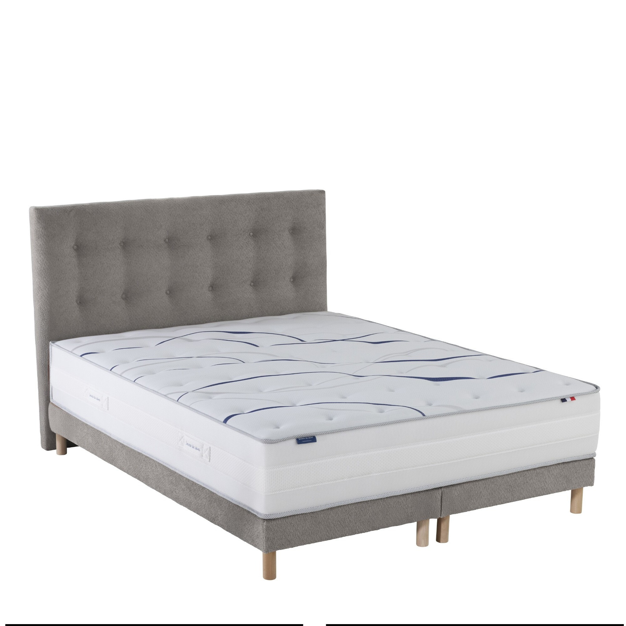 Ensemble matelas mousse ELYSIA + sommier + tête de lit, chenille bouclettes Gris clair