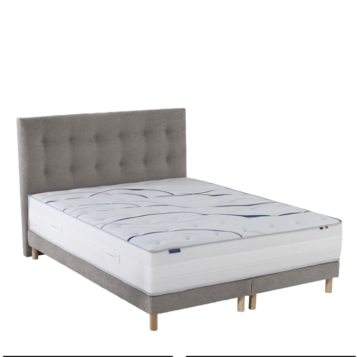Ensemble matelas mousse ELYSIA + sommier + tête de lit, chenille bouclettes Gris clair