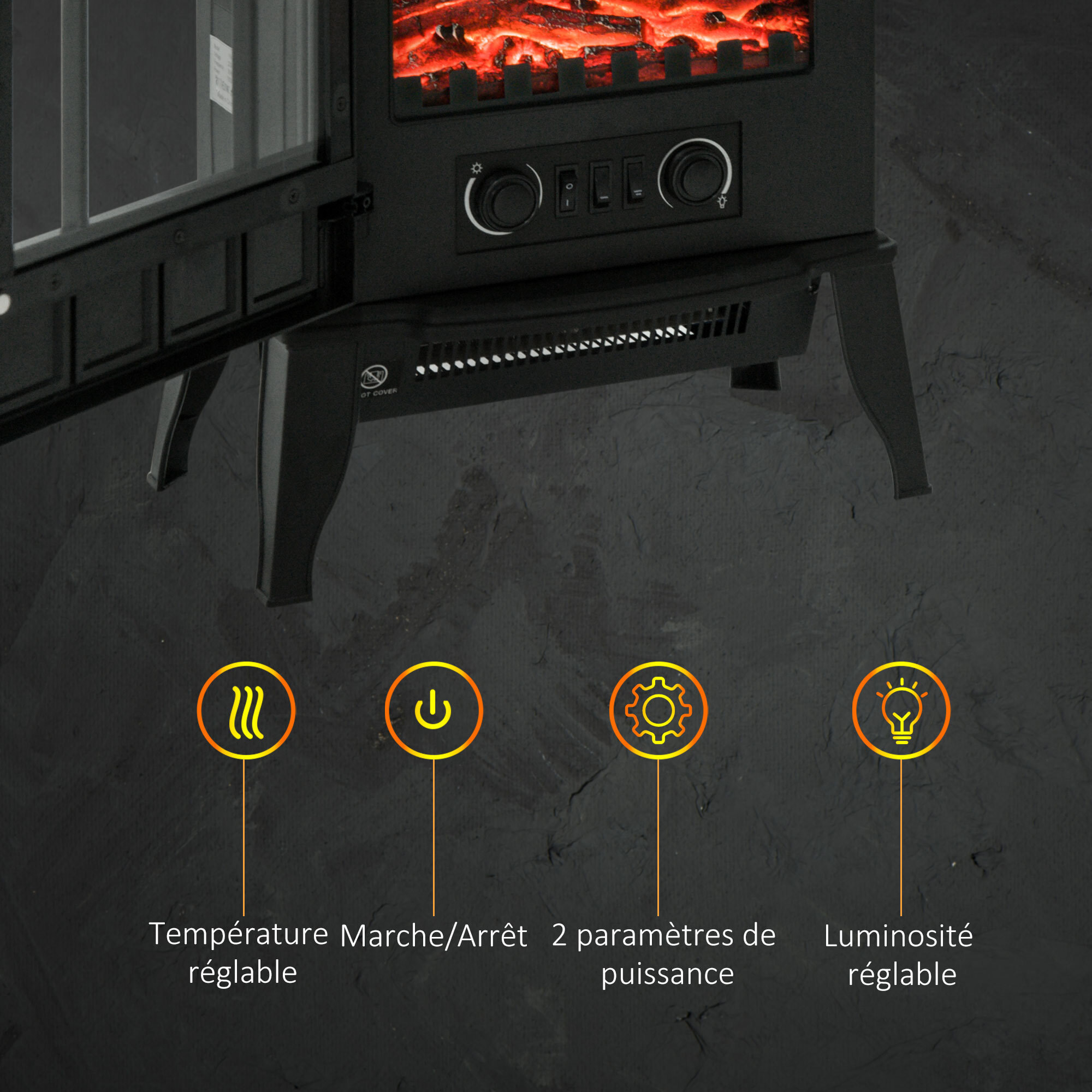 Cheminée électrique poêle style rétro 1000-2000 W simulation flammes LED porte noir