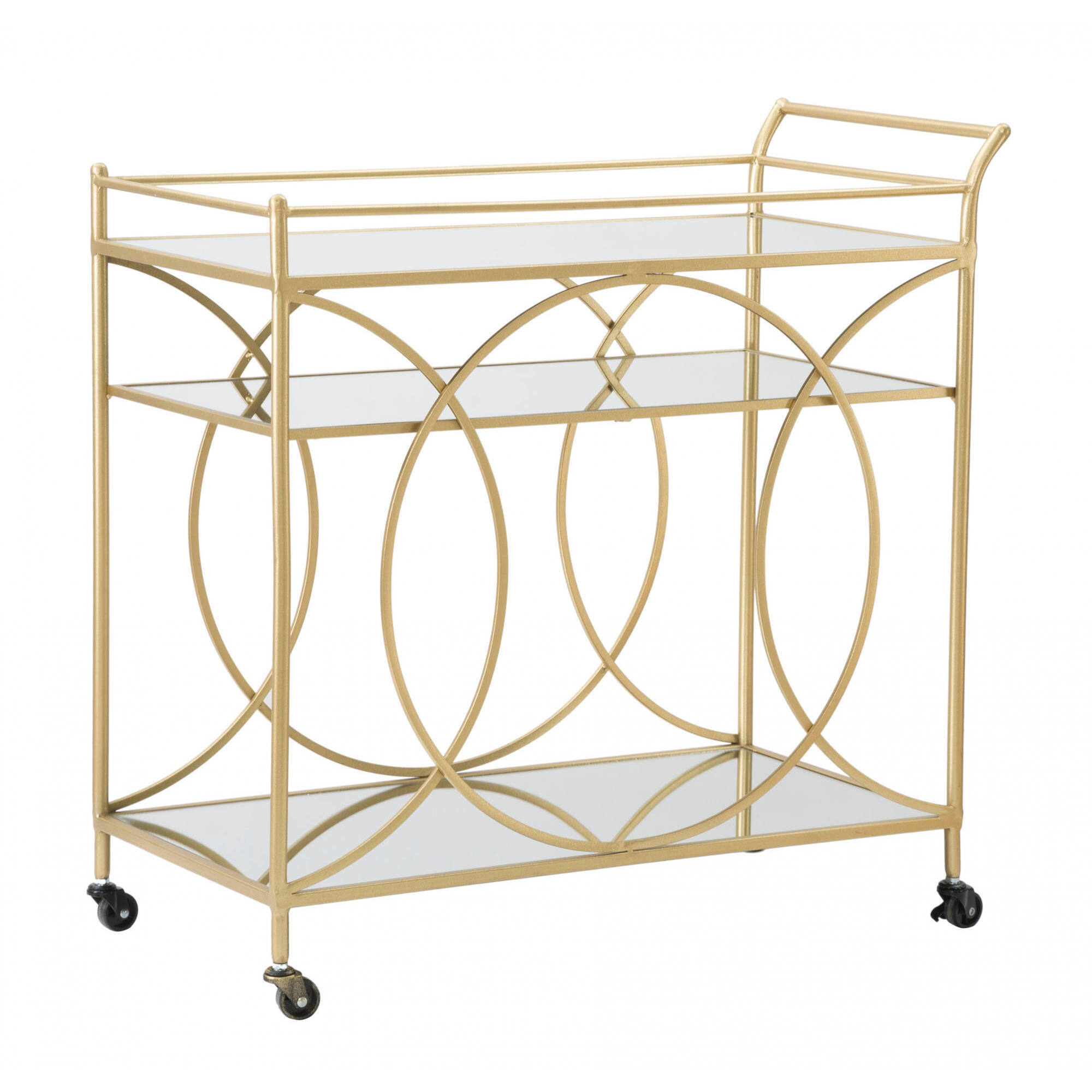 Carrello rettangolare, in metallo dorato e vetro a specchio, con 3 ripiani e pratiche ruote, colore oro, Misure 40 x 80 x 40 cm