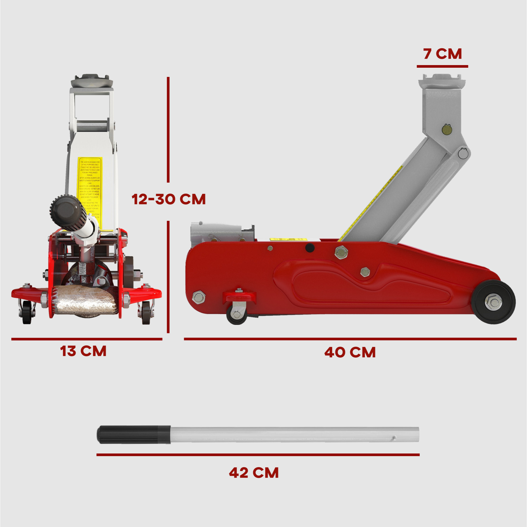 Gato Hidráulico para Coche de 2 Toneladas Gato Hidráulico con Altura Ajustable 12-30 cm y 4 Ruedas para Apoyar Coches Automóviles Rojo y Amarillo