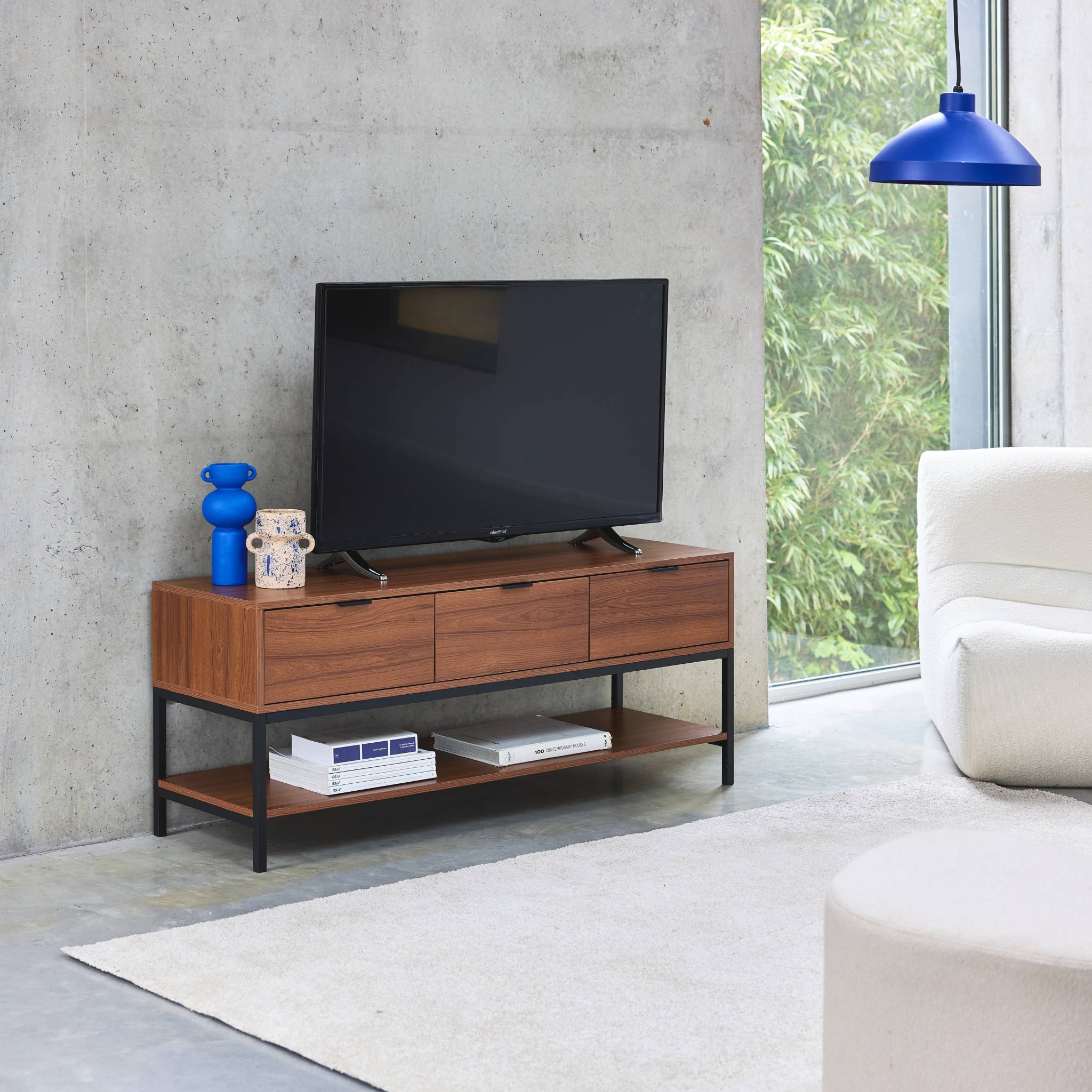 Meuble TV décor noyer 3 tiroirs 130cm WALNUT