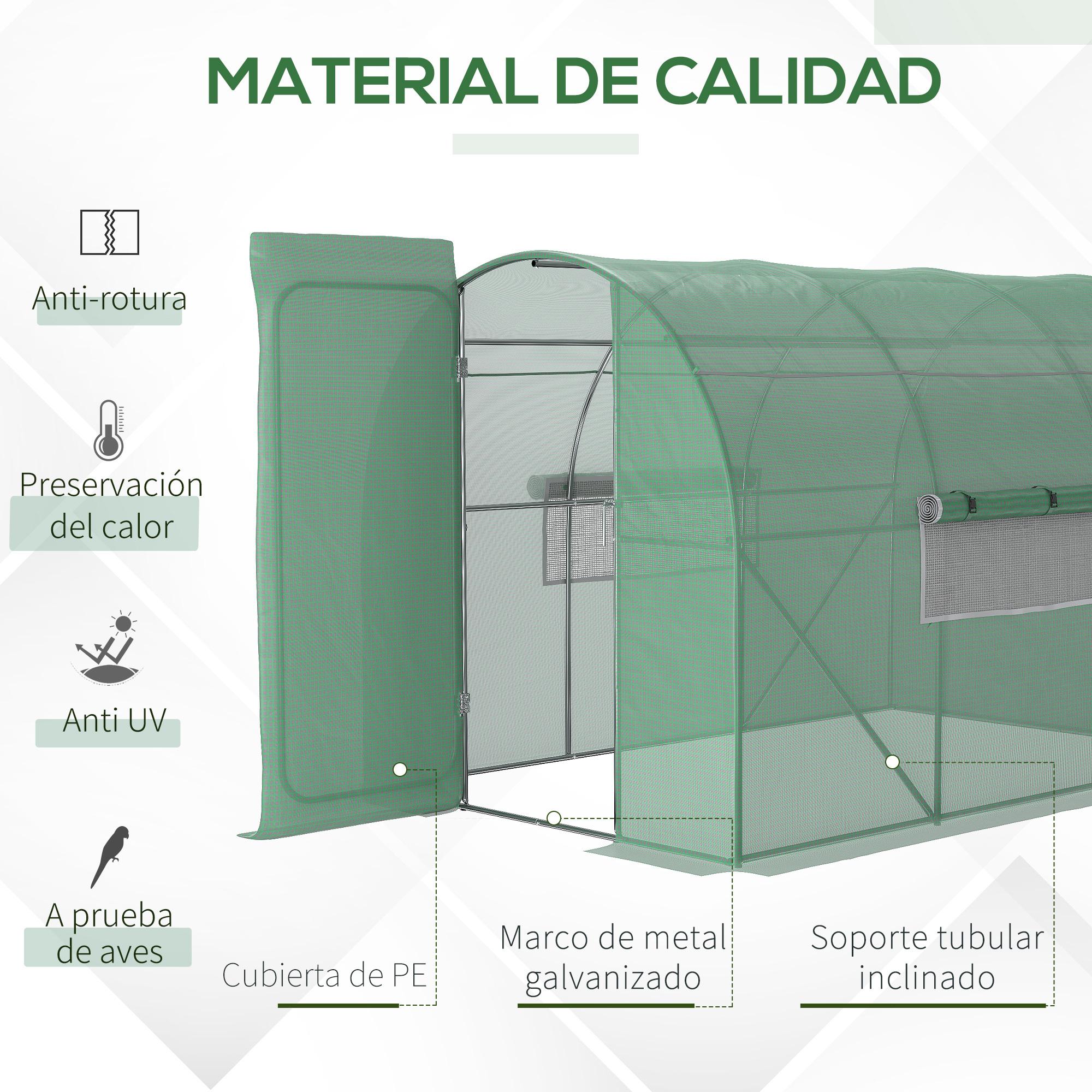 Invernadero de Túnel 3x2x2 m con Puerta y Ventanas Función de Drenaje Invernadero de Jardín Grande con Cubierta de PE y Metal Galvanizado para Cultivos Plantas Verduras Verde