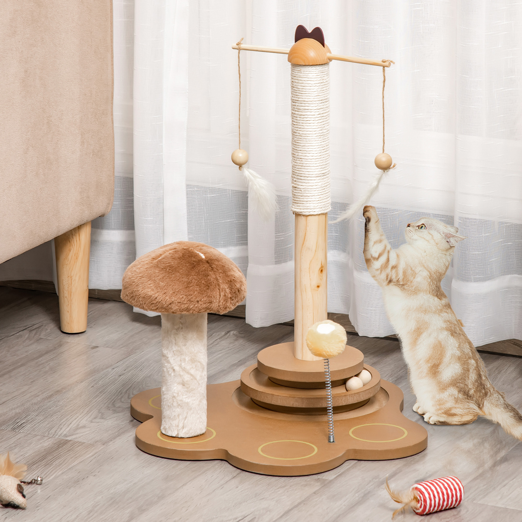 Rascador de Gatos con Postes Sisal Seta Pista con Bolas Madera y Juego Colgante