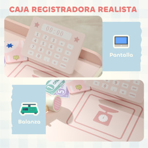 Supermercado Juguete Madera, Tienda de Comestibles con Caja Registradora, Máquina Expendedora, 3 Estantes Abiertos, 4 Compartimentos y Cajas Etiquetadas, para Niños de +3 Años, Rosa