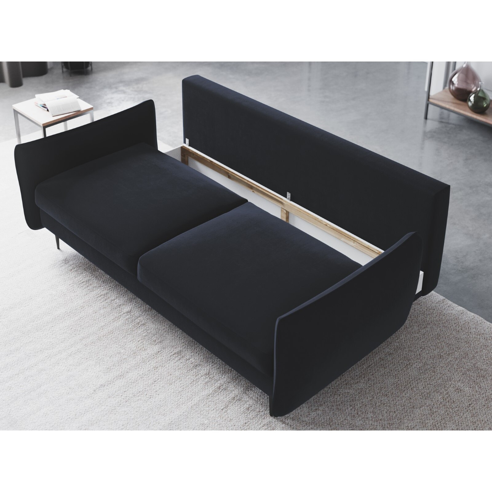 Canapé convertible avec coffre de rangement "Vermont" 3 places en velours bleu foncé