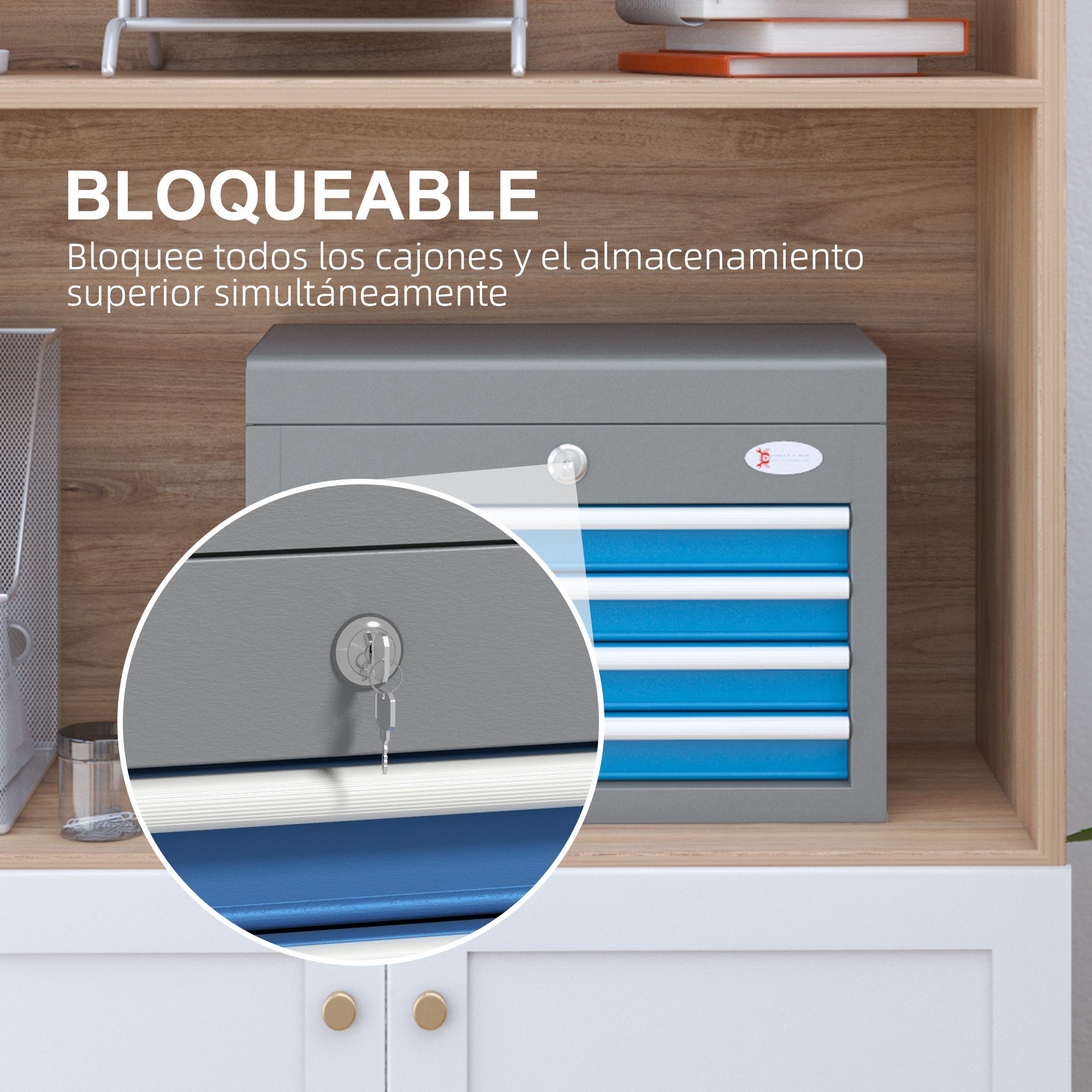 DURHAND Caja de Herramientas Metálica Maletín de Herramientas con 4 Cajones Bandeja Superior Cerradura y Asas Laterales Carga 20 kg 45x24,5x32,5 cm Gris y Azul