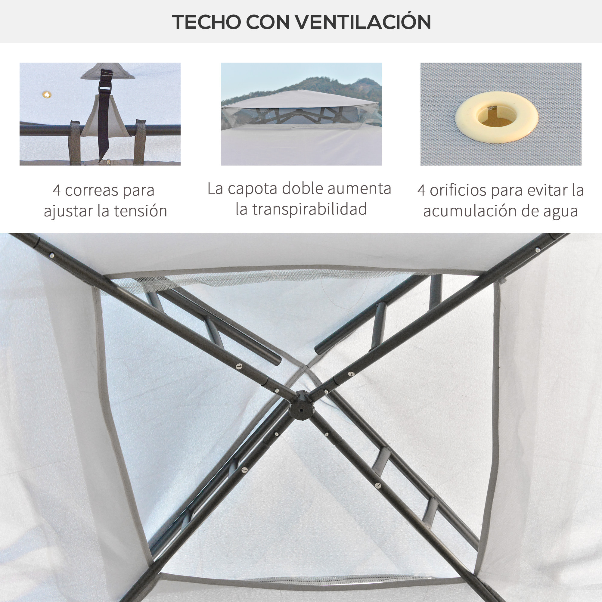 Cenador de Jardín 3x3 m Pabellón de Exterior con Doble Techo de Ventilación 4 Cortinas Mosquiteras Laterales con Cremallera 8 Orificios de Drenaje para Fiestas Patio Gris