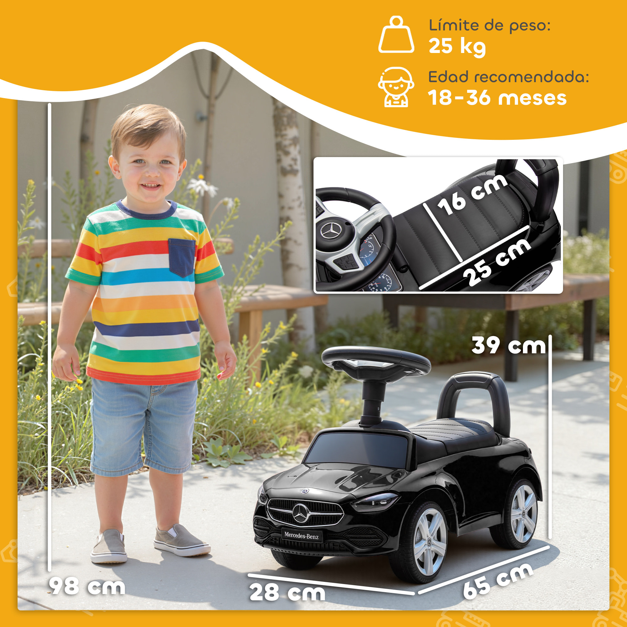 Coche Correpasillos para Niños de 18-36 Meses Mercedes-Benz Clase C, Correpasillos con Bocina, Volante, Sonidos de Motor y Espacio de Almacenaje, 65x28x39 cm, Negro