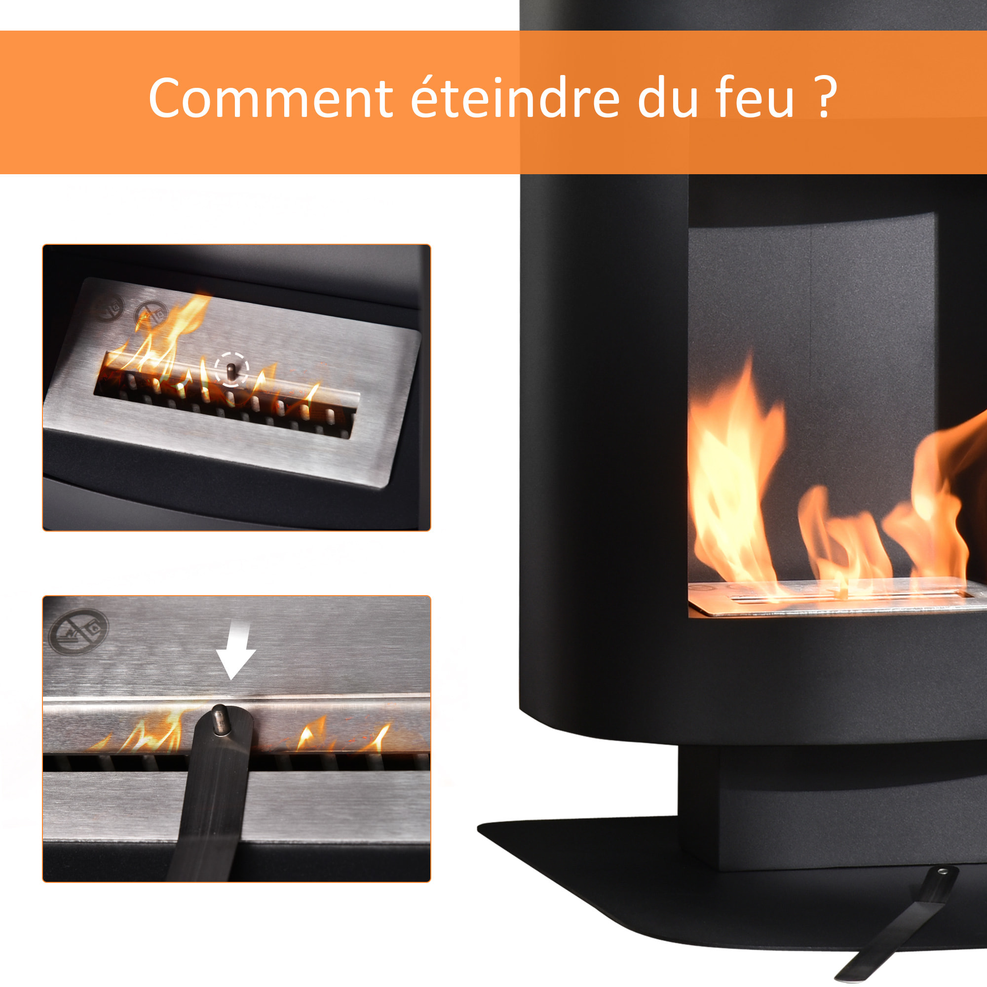 Cheminée bioéthanol sur pied design contemporain - brûleur 1,5 L - contrôle de flamme et manche inclus - acier noir