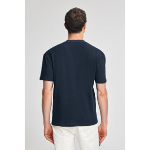 Maglietta blu marino in lino e cotone con scollo a V e monogramma ricamato