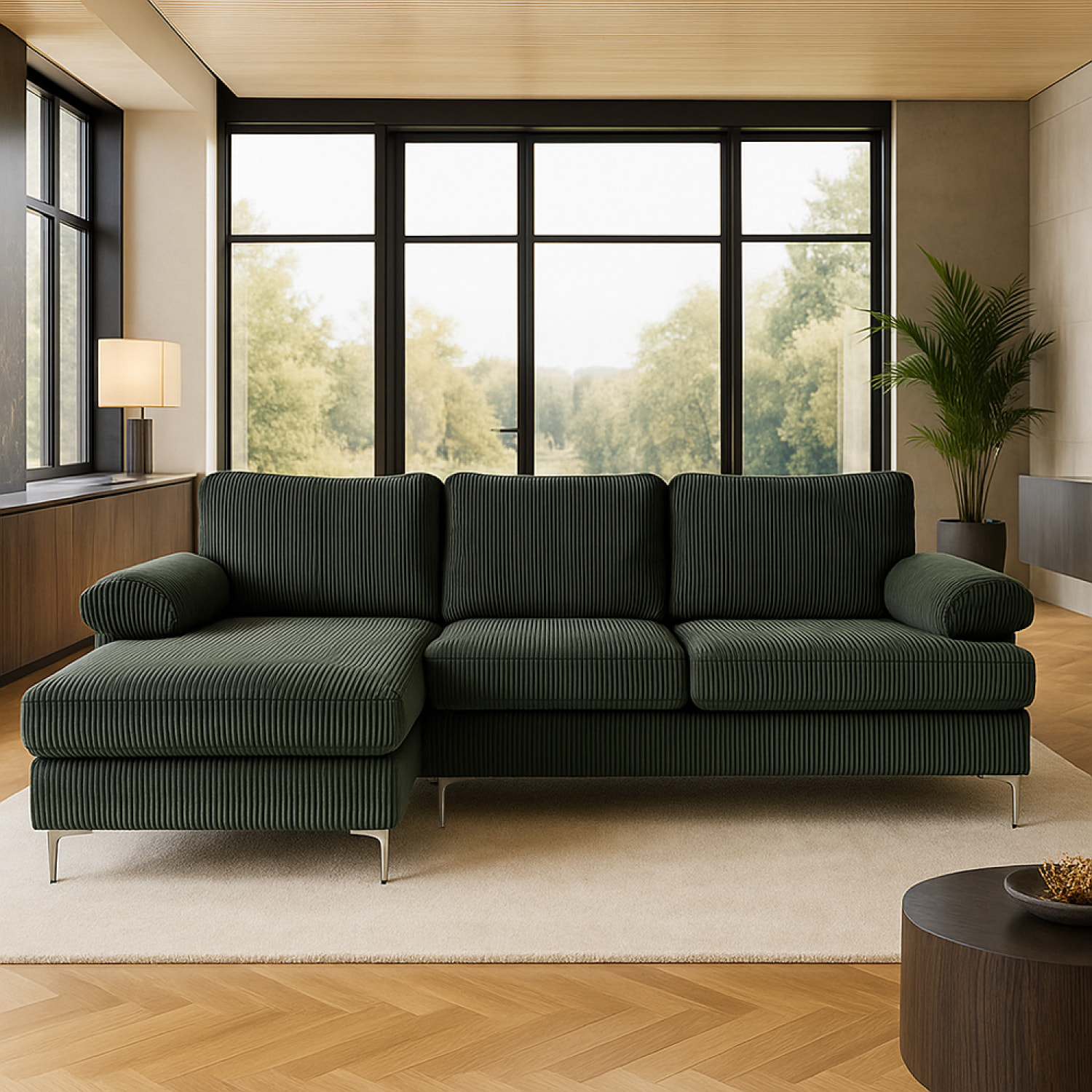 SOUTH Canapé d'angle 4-5 places méridienne gauche velours côtelé vert