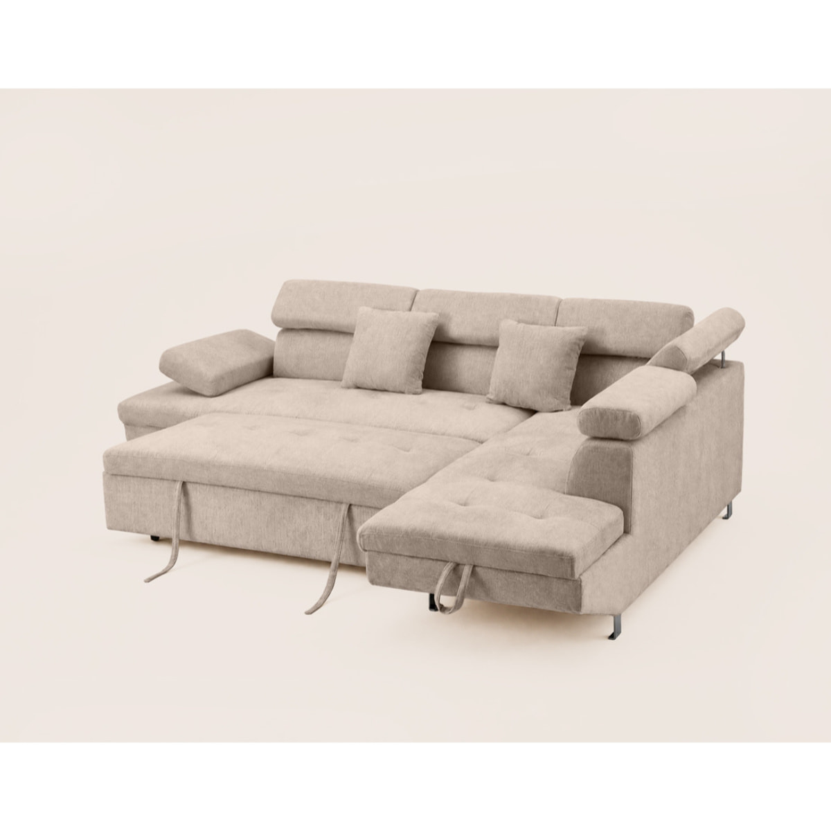Margaux - Canapé d'angle droit 5 places convertible avec coffre et têtières réglables en velours texturé - Beige