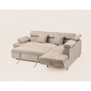 Margaux - Canapé d'angle droit 5 places convertible avec coffre et têtières réglables en velours texturé - Beige