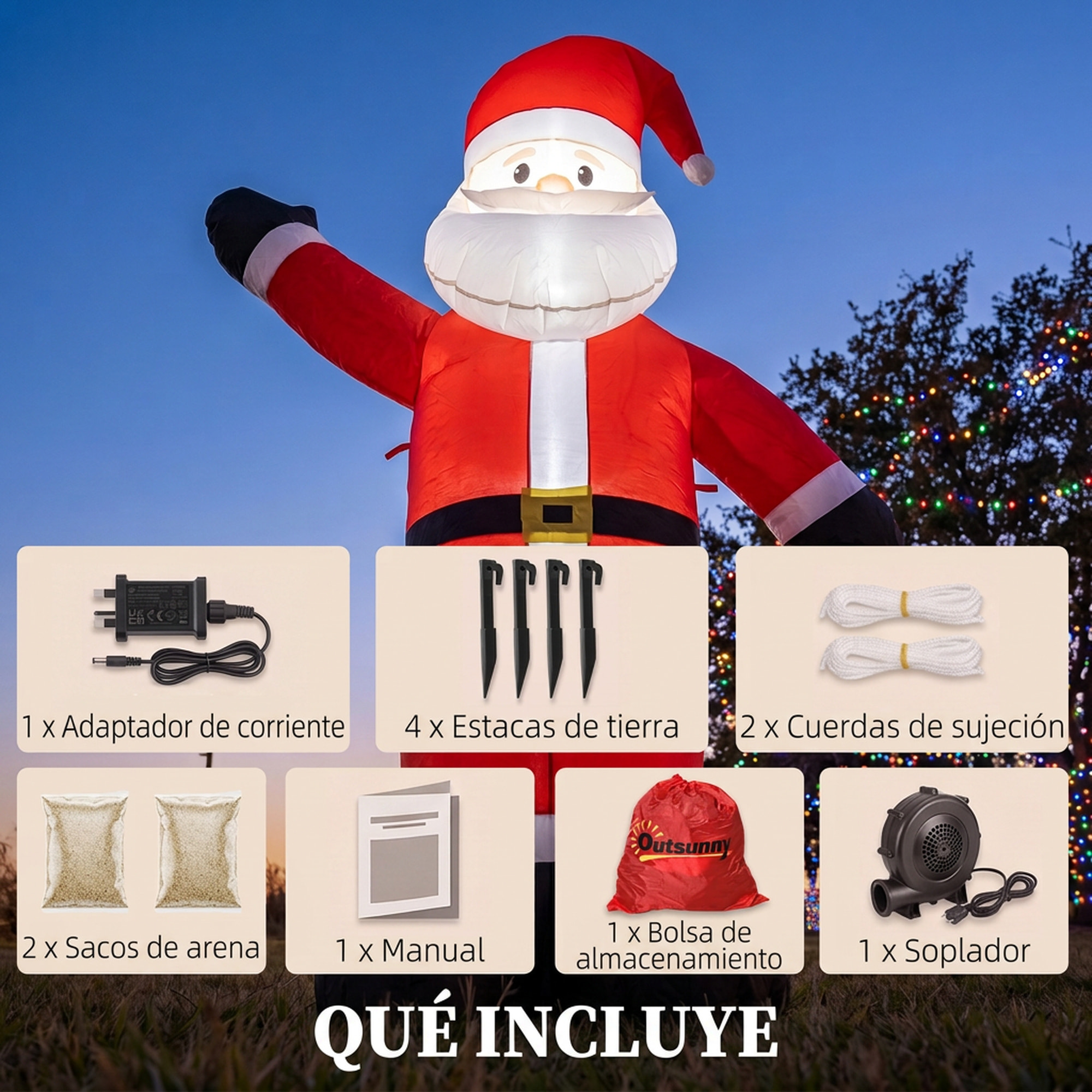 Outsunny Papá Noel Hinchable de Navidad 150 cm, Papá Noel Inflable con Luz LED, Acabado Aterciopelado, Bolsa de Almacenamiento, Decoración Navideña para Exteriores Interiores, Rojo