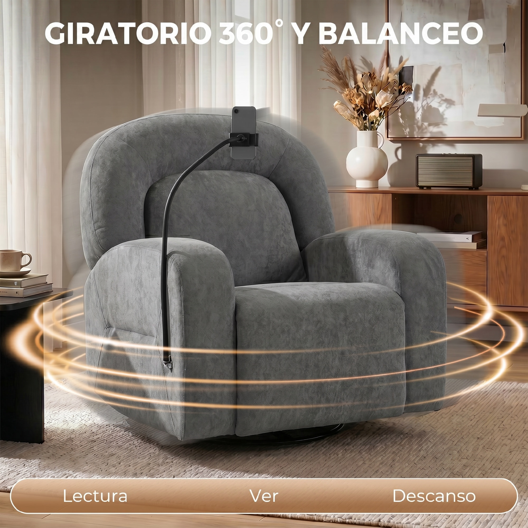 HOMCOM Sillón Relax Reclinable 3 en 1, Sillón Relax con Función Mecedora, Giratorio 360°, Soporte para Teléfono, Asiento Amplio, Respaldo Ancho, Tapizado en Terciopelo, Gris