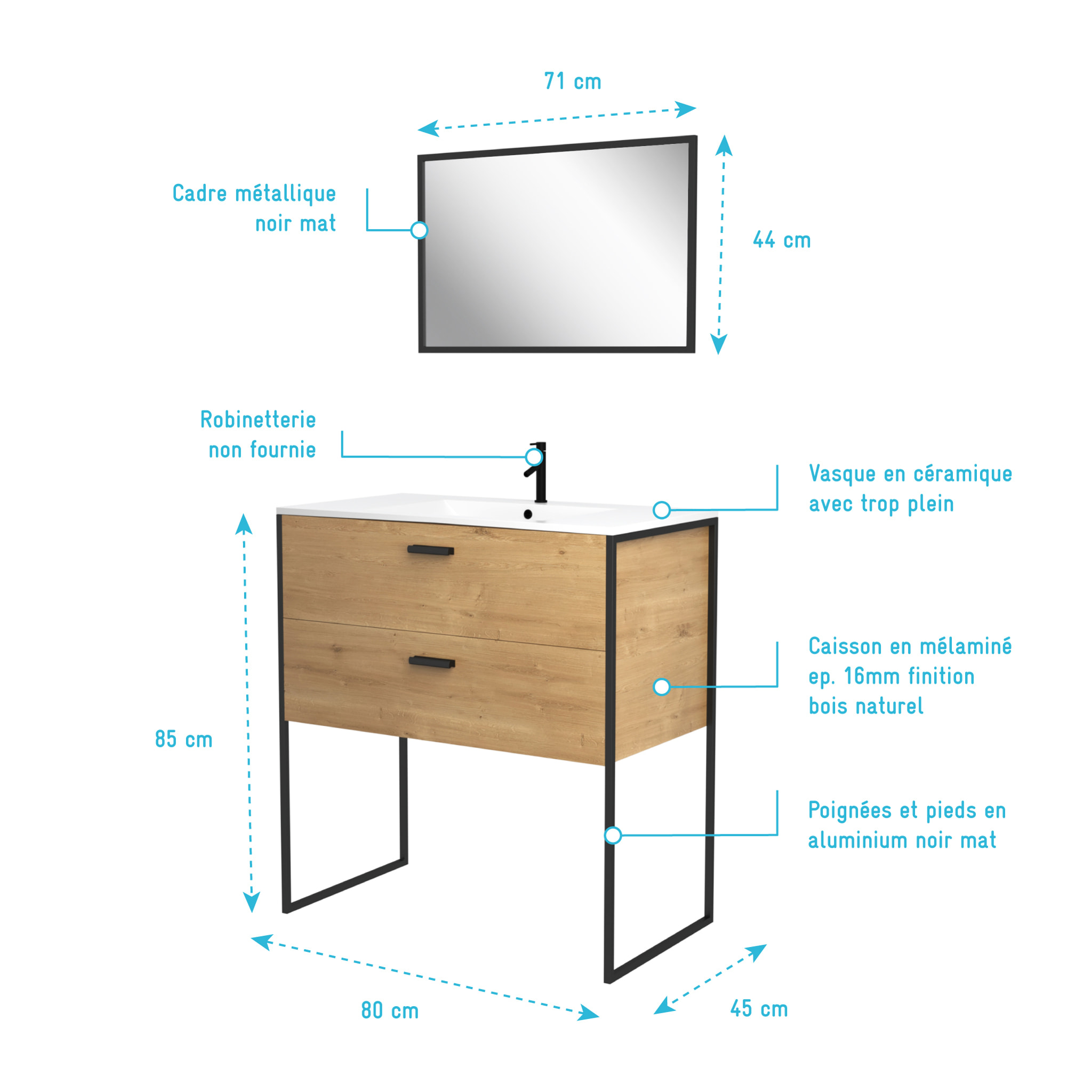Ensemble meuble de salle de bain 80x45cm style industriel couleur chene naturel - vasque blanche