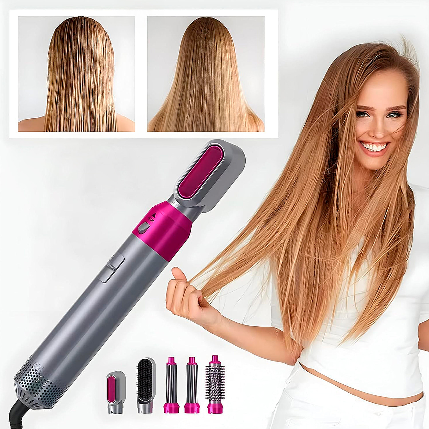 Spazzola ad aria calda 5 in 1, con temperatura regolabile e 5 ugelli.