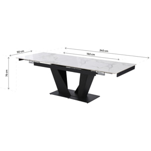 Table à manger extensible en céramique - 160/240 cm - 6 à 10 personnes "Nova" - Blanc marbré gris
