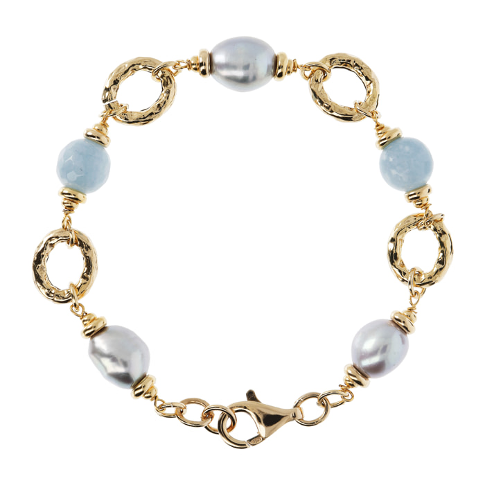 Bracciale con Anelli Martellati Quarzite Celeste e Perle d'Acqua Dolce Grigie