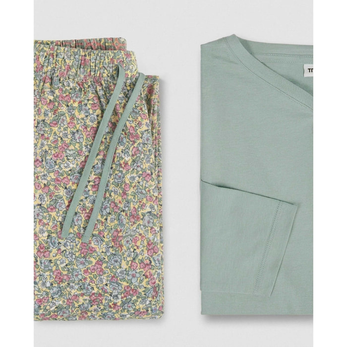 Pigiama lungo belinda in cotone con scollo a v, verde acqua