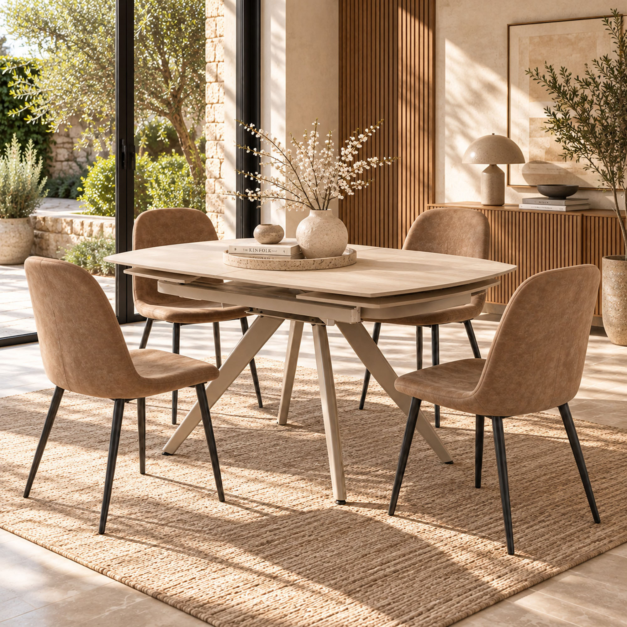 Tavolo allungabile LAVEZZI in ceramica, finitura travertino e gambe in metallo beige - 120×80x78 – 180×80x75 cm