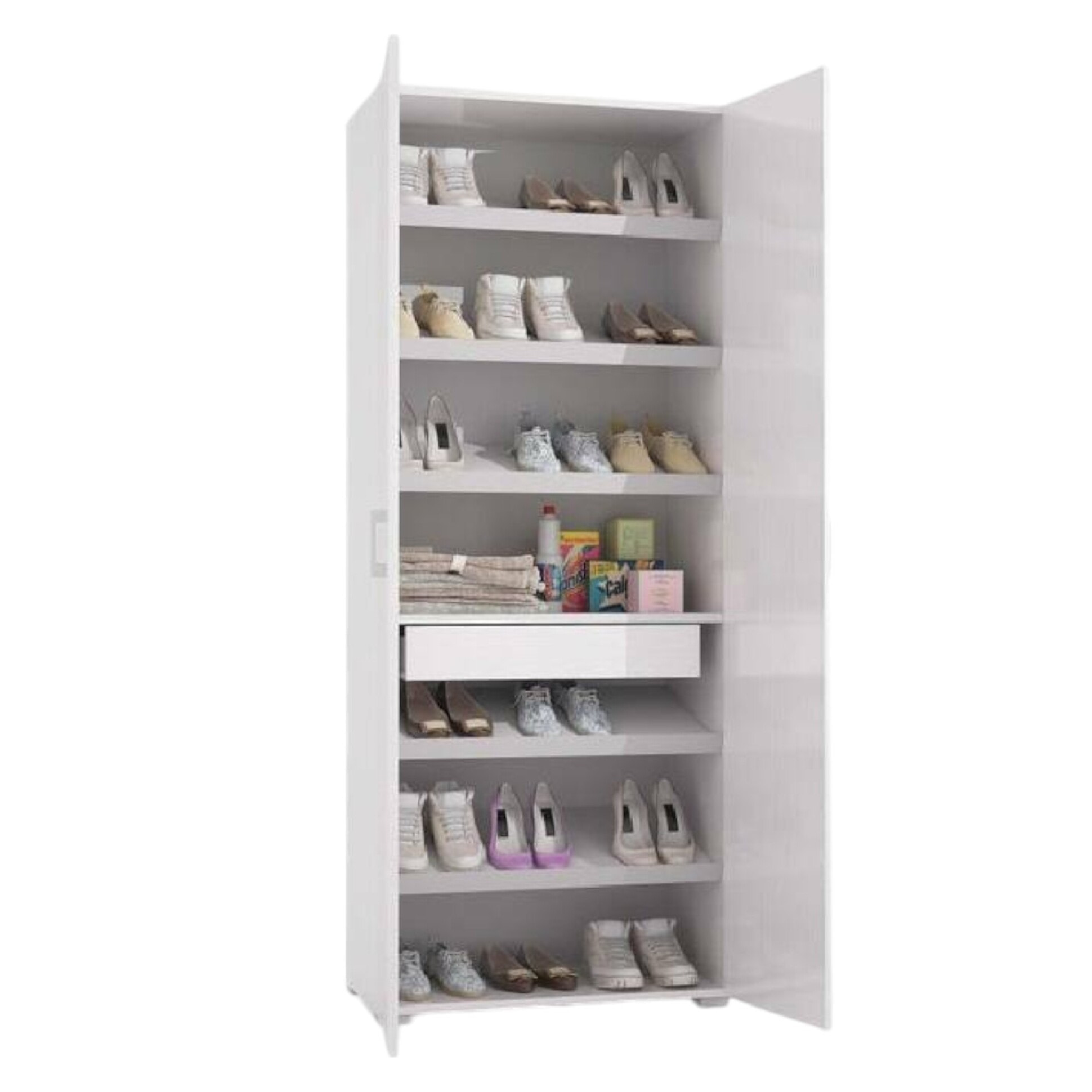 Scarpiera Eracle, Mobile multiuso da ingresso con anta a specchio , Armadio moderno portascarpe a 6 ripiani, 100% Made in Italy, 72x37h195 cm, Bianco