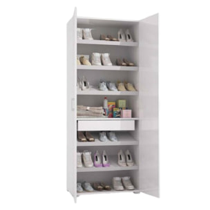 Scarpiera Tarassaco, Mobile multiuso da ingresso con anta a specchio , Armadio moderno portascarpe a 6 ripiani, 100% Made in Italy, Cm 72x37h195, Bianco