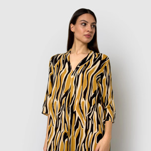 Vestido midi bambula detalles plisados europa beige/negro