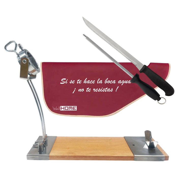 jamonero iberia luxe en madera y acero inox + set de cuchillo jamonero (25cm) y chaira (21cm) + funda para jamón 'tiberic' burdeos