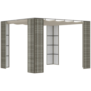 Pergola rétractable style colonial dim. 2,98L x 2,98l x 2H m métal époxy anticorrosion résine tressée grise toile polyester haute densité 180 g/m² crème