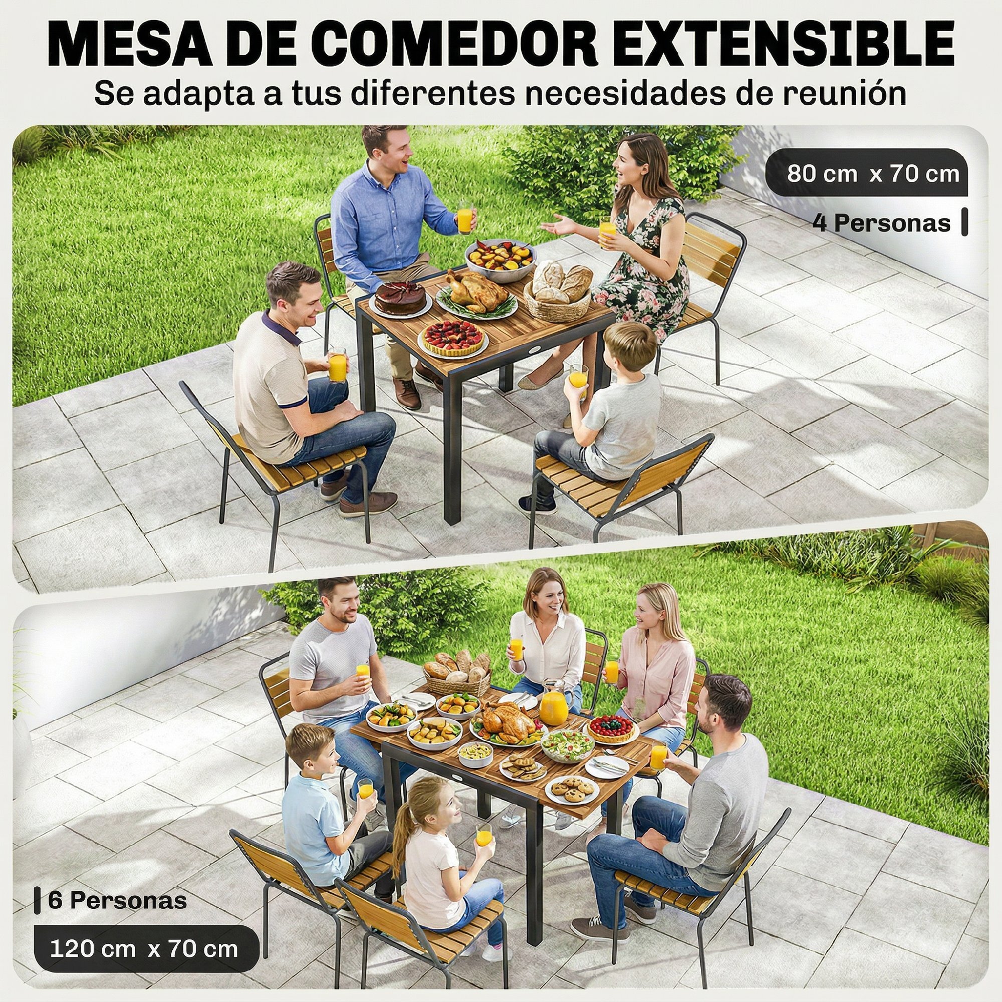 Mesa de Jardín Extensible 120/80x70 cm, Mesa de Comedor Exterior Extensible Rectangular con Estructura de Acero y Tablero de Madera de Acacia, para 4-6 Personas, para Patio, Terraza, Natural