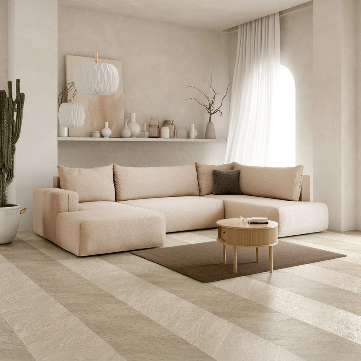 NALA - Canapé panoramique droit 5 places en tissu beige