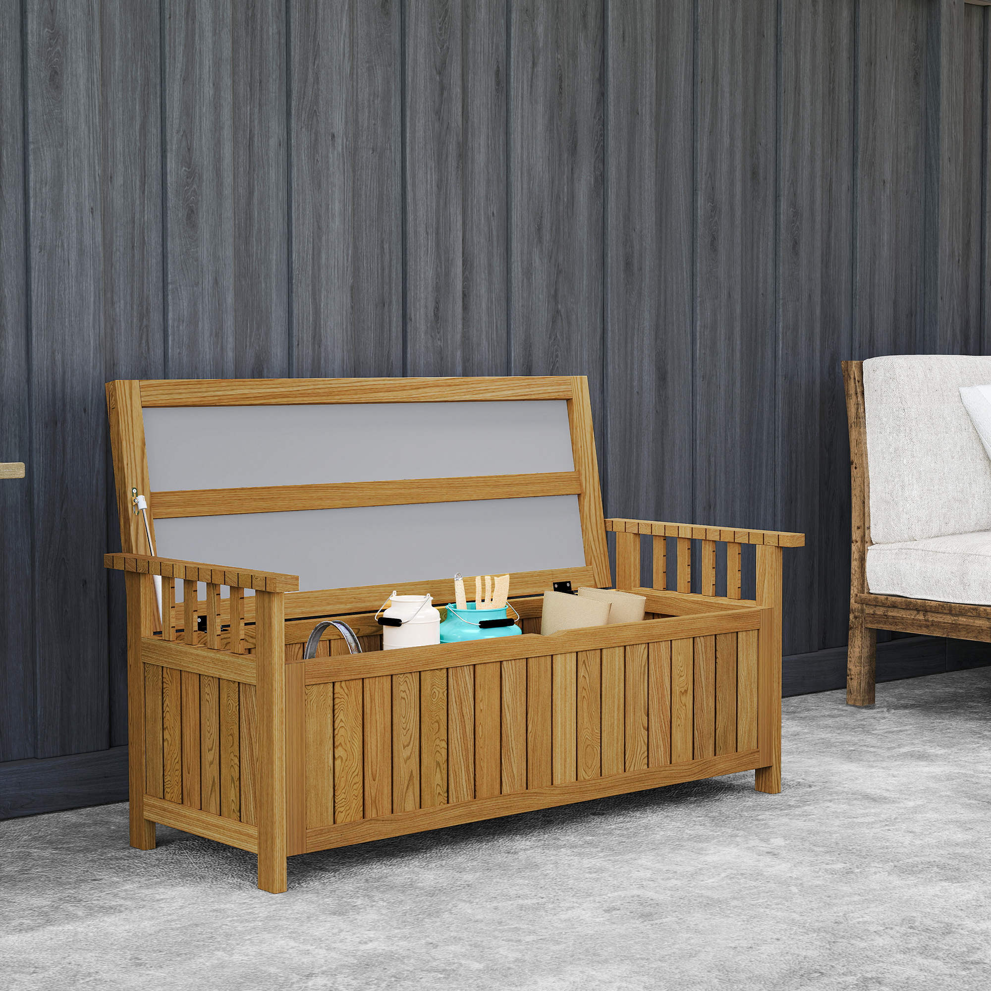 Banc de jardin avec coffre de rangement 186L - accoudoirs - dim. 128 x 56 x 53 cm - habillage PVC bois de sapin pré-huilé