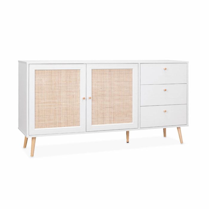 Buffet de rangement blanc en cannage 2 portes 3 tiroirs. buffet bas. L150 x l39 x H79cm - Bohème