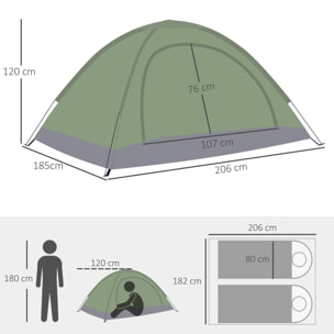 Tente de camping 2 personnes dim. 206L x 152l x 110H cm - portes zippée, poche rangement sac de transport inclus - fibre verre polyester Oxford vert