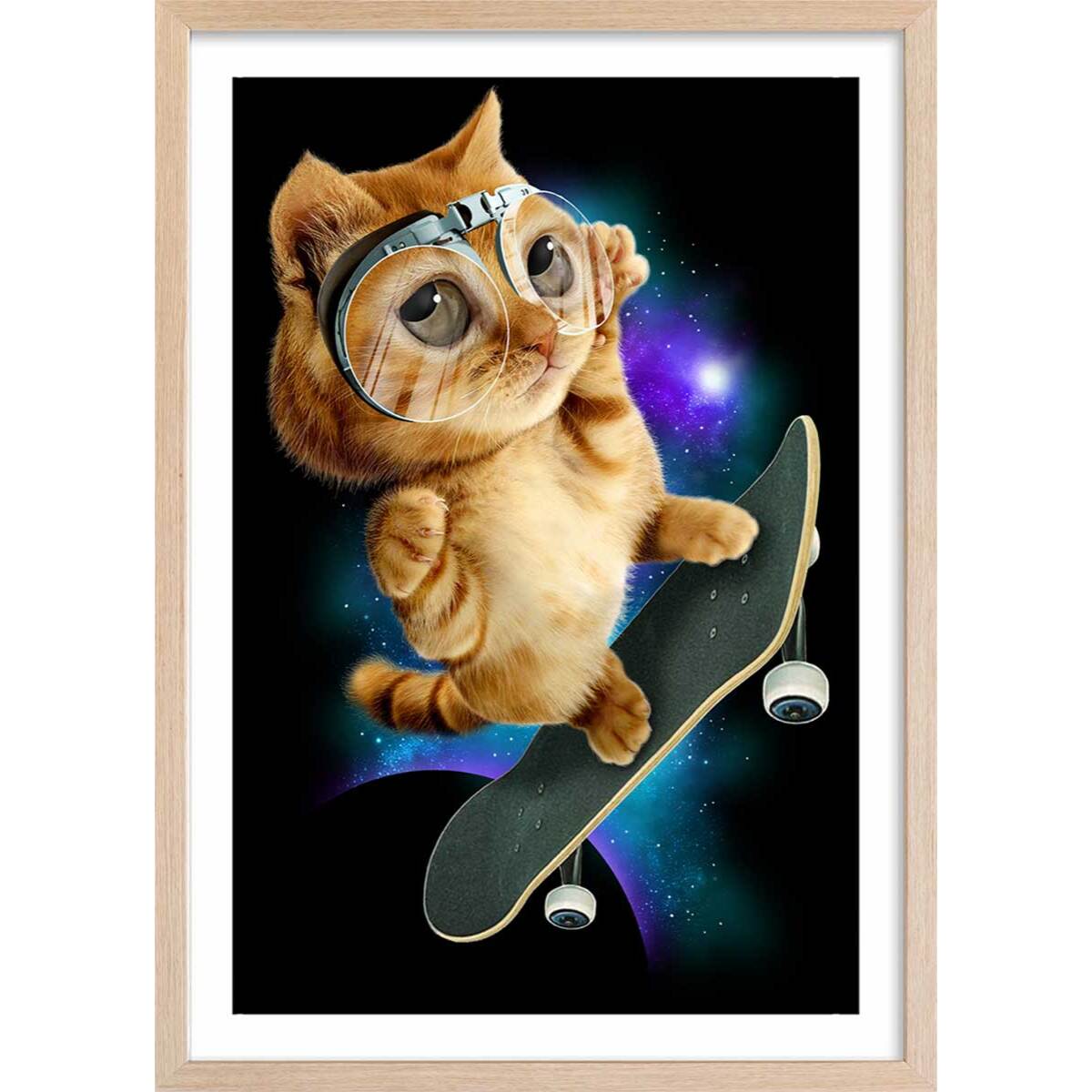 Affiche enfant skate chat  Affiche + cadre en bois - Chêne