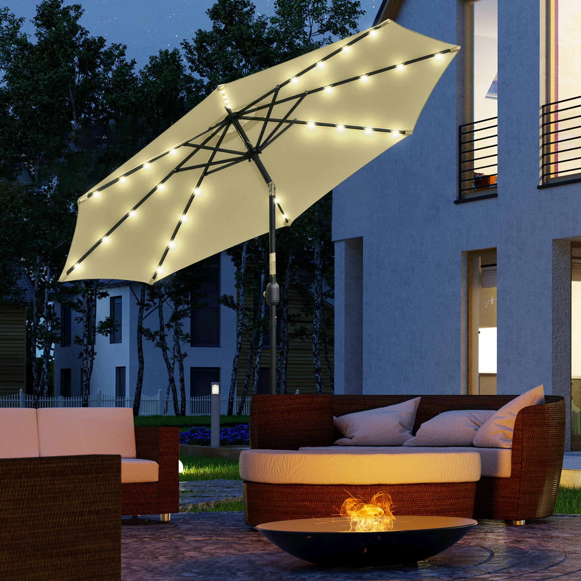 Outsunny Sombrilla Terraza Exterior, Ø265 cm, Sombrilla de Jardín con 32 Luces LED Solares, Poste de Acero y Manivela de Parasol Inclinable, para Patio, Terraza, Beige