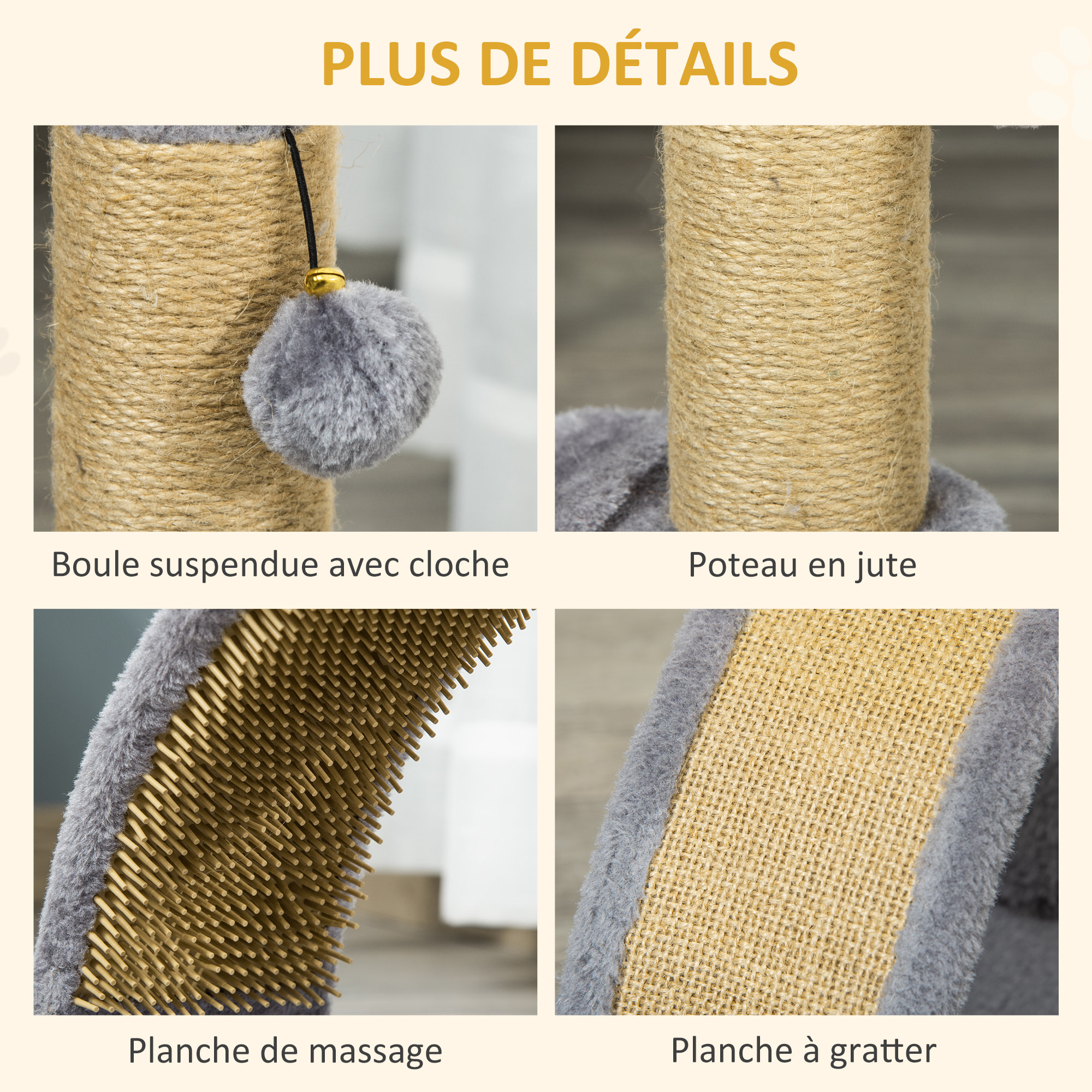 Arbre à chat griffoir grattoir design jeu boule suspendue + demi-arc de massage peluche jute naturelle gris