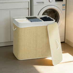 Cesto de Ropa Sucia con Tapa, 144L, Cesta Ropa Sucia de Bambú con 3 Compartimentos, Bolsa Interior Extraíble y Lavable, Asas, para Lavandería, Dormitorio, 60x40x60 cm, Crema