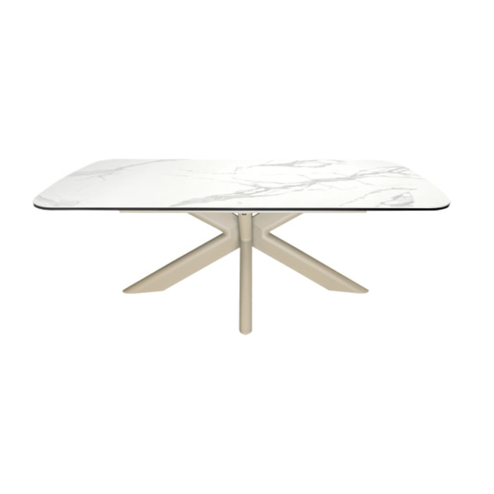 Table basse 130 cm en céramique blanc pied croix métal beige - LOTUS