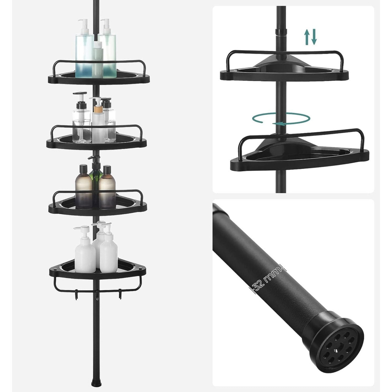 Scaffale da bagno telescopico angolare nero con 4 ripiani