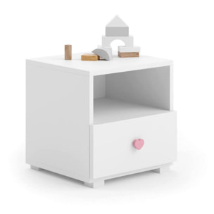 Comodino moderno per camera da letto, Tavolino da notte con 1 cassetto e pomello, cm 40x38h41, colore Bianco e Rosa