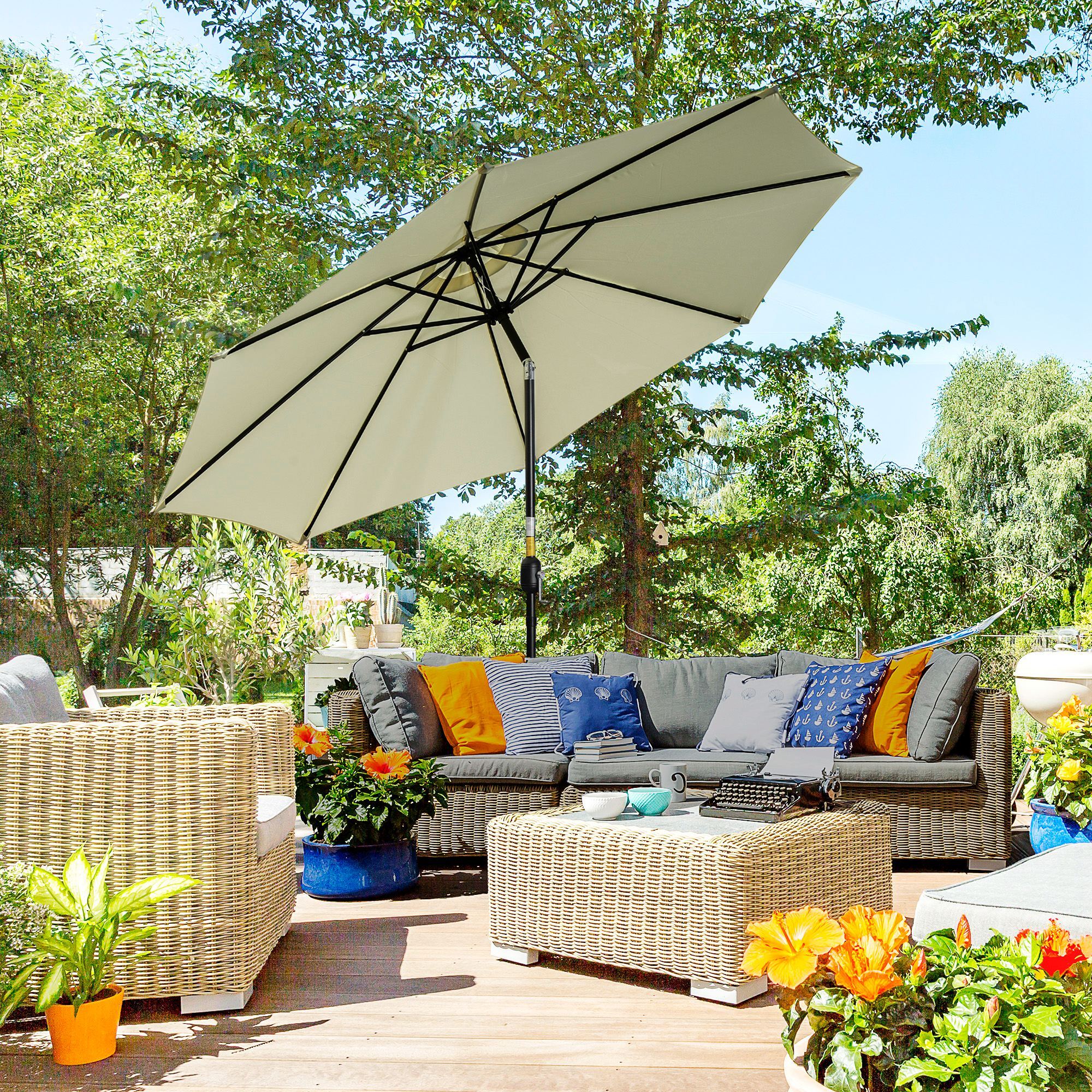 Parasol en métal rond polyester 180g/m² manivelle inclinable Ø 2,95 x 2,5 m beige