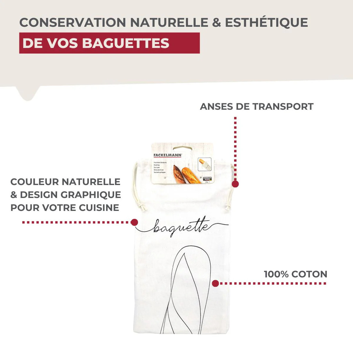 Sac de conservation pour baguette de pain en coton Fackelmann Eco Friendly