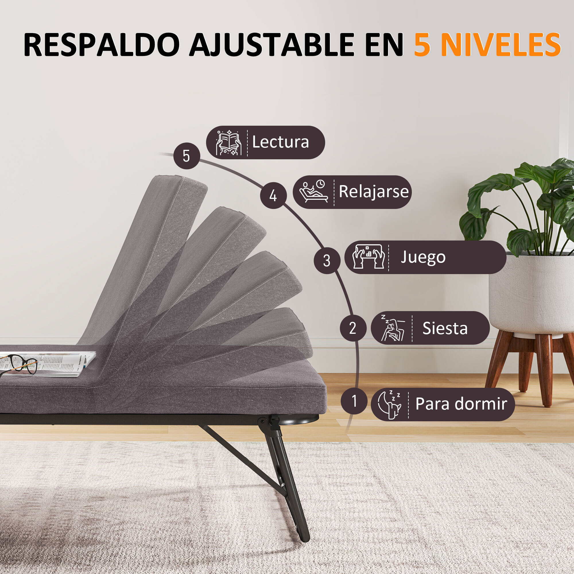 Cama Plegable 70x180 cm con Colchón de Espuma Mueble Cama Plegable con Respaldo Ajustable en 5 Posiciones y Ruedas Cama de Invitados Carga 120 kg