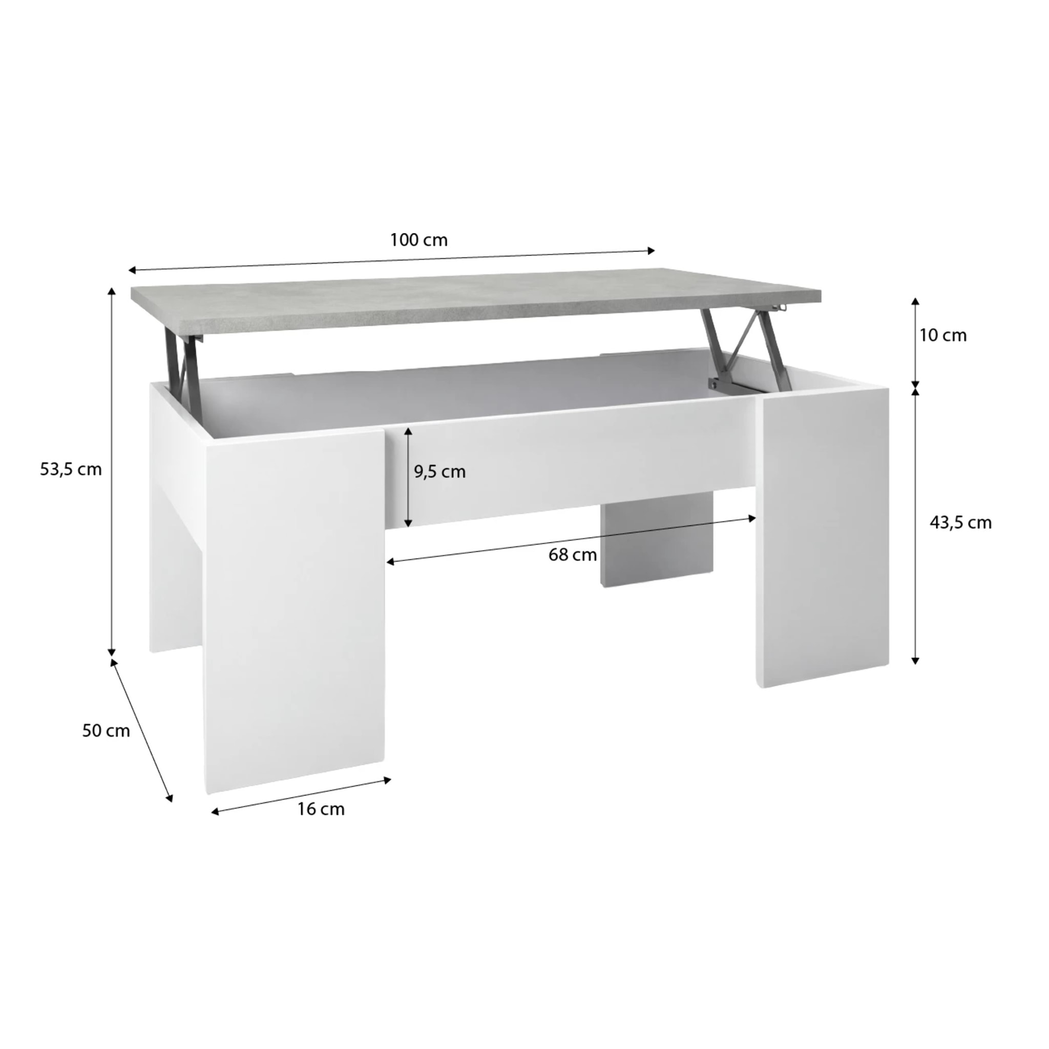 Mesa de centro elevable con almacenaje en blanco artick y gris cemento 100x45-56 cm Vita Blanco Artik (Blanco Mate) - Gris Cemento