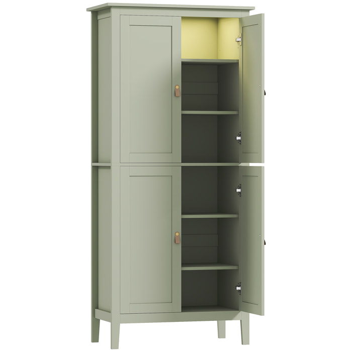 Armoire de cuisine LED - 4 portes, 6 niveaux - poignée bouton doré effet cuir MDF vert de gris