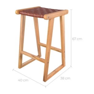 Tabouret pour îlot central 67 cm en teck et cuir tressé marron - Yuma